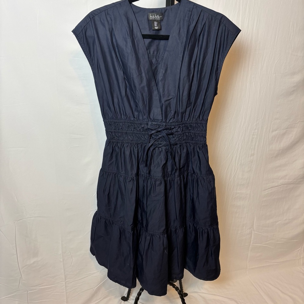 Nicole Miller Navy Blue Women's Dress Size S Tiered Sleeveless Tie Waist